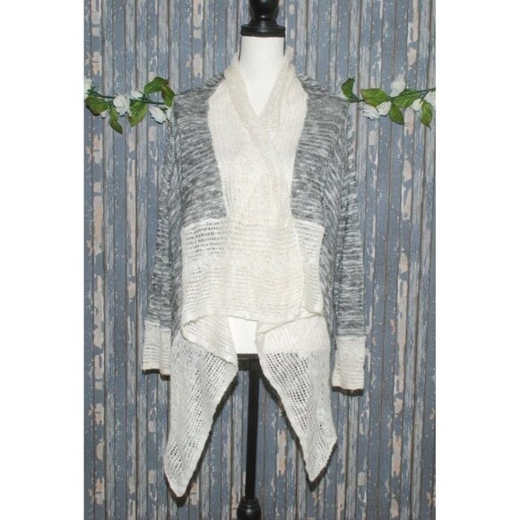 Energe World Wear Ladies Gray White Cardigan Sweater SZ L Open Front Lace LS - Picture 3 of 12